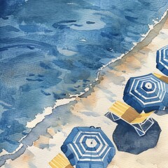 Wall Mural - Watercolor painting depicting colorful beach umbrellas lined up on a sunny beach, with waves in the background