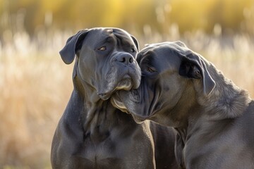 Wall Mural - A pair of Cane Corso dogs nuzzling affectionately against each other, showcasing the bond of companionship and loyalty between canine friends,