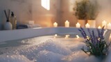 Fototapeta Most - A calming bubble bath with lavender essential oils and candles, illustrating self-care and relaxation techniques.