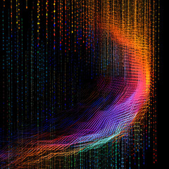 Wall Mural - A colorful, rainbow-like stream of light is projected onto a black background. The stream of light is made up of many different colors, creating a vibrant and dynamic effect