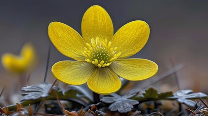 Wall Mural - There is a beautiful yellow buttercup flower growing in the meadow.  Natural plant background. Illustration for cover, card, postcard, interior design, banner, poster, brochure or presentation.