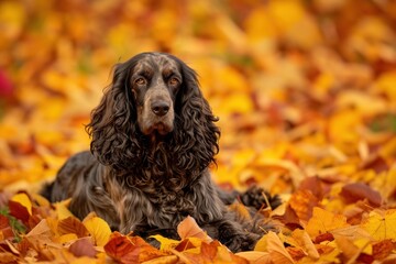 Wall Mural - Cocker Spaniel sitting with autumn leaves in the background