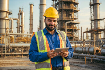 Arabian engineer man wearing a safety vest and a yellow helmet is holding a tablet against the backdrop of an oil plant. He is smiling and he is enjoying his work