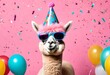 Happy Birthday, carnival, New Year's eve, sylvester or other festive celebration, funny animals card banner - Alpaca with party hat and sunglasses on pink background with confetti 