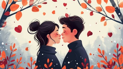 Wall Mural - Illustration of a romantic couple kissing