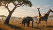 elephants in the savannah, giraffe in the savannah
