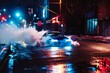 © Nicole - A car performs a controlled drift around a tight corner on a city street at night.