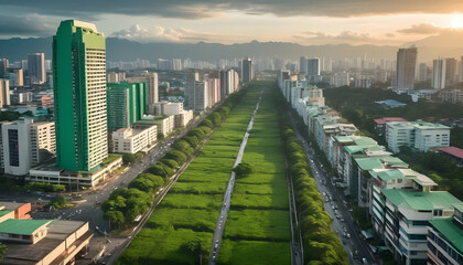 A photo og metro manila as a walkable city with lots of green space and a Beautifil Background Light Buildings Flash,Ai