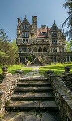 Poster - A stone steps leading up to a large house with a stone walkway. Generative AI.