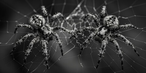 Poster - Two spiders are sitting on a web in black and white. Generative AI.