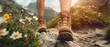 Lady hiker walking through the rocky land. Focus on the foot. Hiking shoes in action on a mountain desert trail path. Close-up of female hikers shoes. AI generated illustration