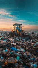 Poster - A tractor is in a pile of trash in a field. Generative AI.