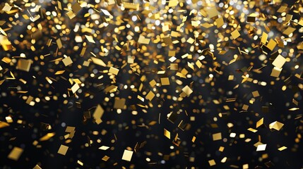 Luxurious 3D gold confetti raining down on a black background, perfect for celebrations and events. Digital Render