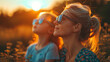 Mother and daughter, family viewing solar eclipse with special glasses in a park,ultra wind angle lens,generative ai
