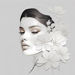 Abstract female face in one line. Woman face with flowers Surreal Line art female floral girl. Minimalism Abstract modern Continuous single line woman face portrait
