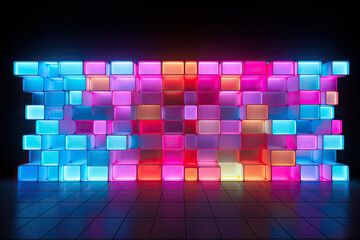 Wall Mural - Brick wall with bright neon lighting. Generated by artificial intelligence