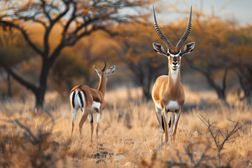 a couple of antelope standing next to each other on a dry grass field with trees in the background.