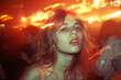 portrait of young drunk teen girl dancing on the dance floor in a nightclub. Vintage retro color film photo
