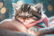 Kitten with pink knit sweater sleeping on a white blanket.