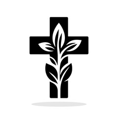 Wall Mural - Christian cross icon. Black symbol of christian cross with plant and leaves. Religious symbol.