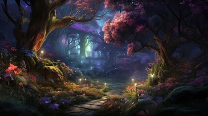 Wall Mural - Enchanted forest pathway with mystical lights and blooming trees. Fantasy world.