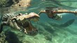 Underwater shot of a girl swimming with crocodile in the ocean