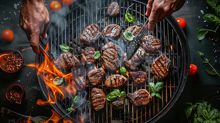 top view of delicious barbeque, meat on a grill, summer camp outdoor food