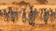 Dynamic movement of a herd of zebras galloping across the savannah, illuminated by the golden hues of sunlight