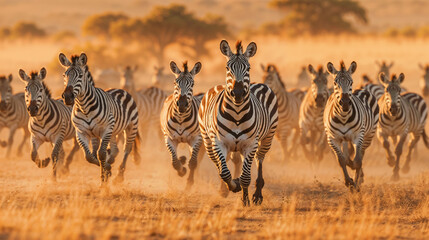 dynamic movement of a herd of zebras galloping across the savannah, illuminated by the golden hues o