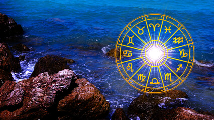 Concept of astrology and horoscope, person inside a zodiac sign wheel, Astrological zodiac signs inside of horoscope circle, Astrology, knowledge of stars in the sky, power of the universe concept.