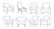 © Berentina - Armchair outline icon set. Linear chairs collection. Trendy Line art illustration of soft furniture. Scandinavian armchairs sketches. Vector illustration isolated on white background.