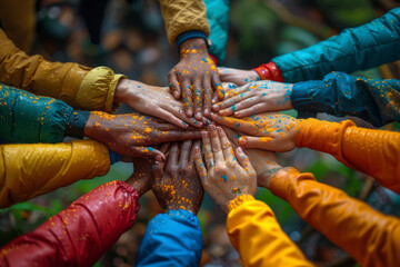 Sticker - A diverse team engaged in a team-building activity, promoting camaraderie and cohesion within the organization. Concept of team synergy. Generative Ai.