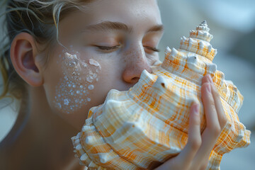 Wall Mural - A person holding a conch shell to their ear, depicting the use of natural elements in communication. Concept of organic connection. Generative Ai.