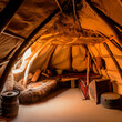 © catocala - Room with a bed - a simple and straightforward setting featuring a bed as focal point. Room looks cozy and inviting. Interior of an ancient American Indian wigwam dwelling