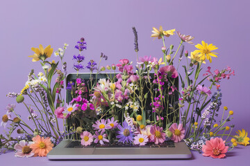 Laptop with growing flowers