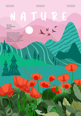 Nature and landscape. Vector illustration of mountains, Trees, plants, fields and farms. Editable work for cover or card designs.