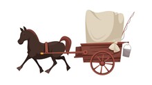 2D Animation Of A Horse Cart. The Coachman Controls The Horse And The Alpha Channel Transparent Background. Cartoon