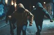 Criminals wearing hoodies sneaking up on a street at night