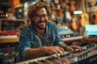 Young hipster musician playing synthesizer in modern music studio with a joyful expression
