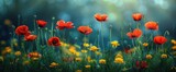 Fototapeta  - Crimson Poppies and Yellow Buttercups on a Lush Green Meadow