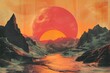 Sunrise on an unknown planet among rocks washed by coastal waters. A phantasmagorical concept, done in a retro style, with damaged colors and traces of old origin