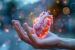 Futuristic holographic human heart surrounded by sparkling particles