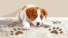 Digital Art Of A Playful Puppy With Muddy Paw Prints. Dog Making A Mess On Rug. Cute Puppy With Dirty Paws. Concept Of Mischievous Pet, Domestic Animals, Home Mess, Playful Mischief