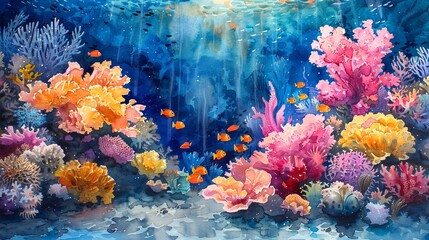 Wall Mural - Watercolor illustration of vivid coral reef in ocean waters. Colorful corals. Concept of marine life, underwater biodiversity, tropical ecosystem, and natural aquarium. Aquarelle artwork