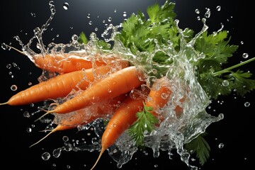 Wall Mural - Bunch of fresh carrots with drops of water on a black background