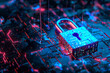 A neon blue padlock showcasing cyber security concepts, dripping rain on a digital surface