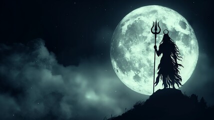 Wall Mural - Illustration of lord shiva silhouette with trident against full moon for maha shivratri