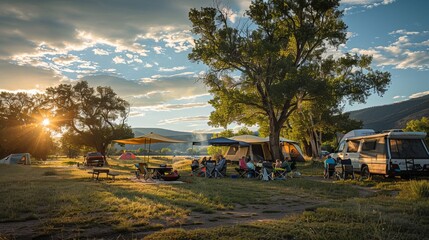 A family gathered for a barbecue dinner at their campsite as the sun set.