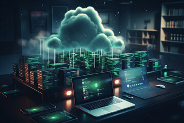 Wall Mural - online, cloud storage, contact, computing, tablet, phone home devices with online. linking computer 