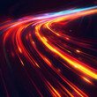 © jex - Abstract neon light background with vibrant pink, yellow, and blue neon lines, creating an intense and dynamic atmosphere reminiscent of particle acceleration. High-speed movement and hyperspace.